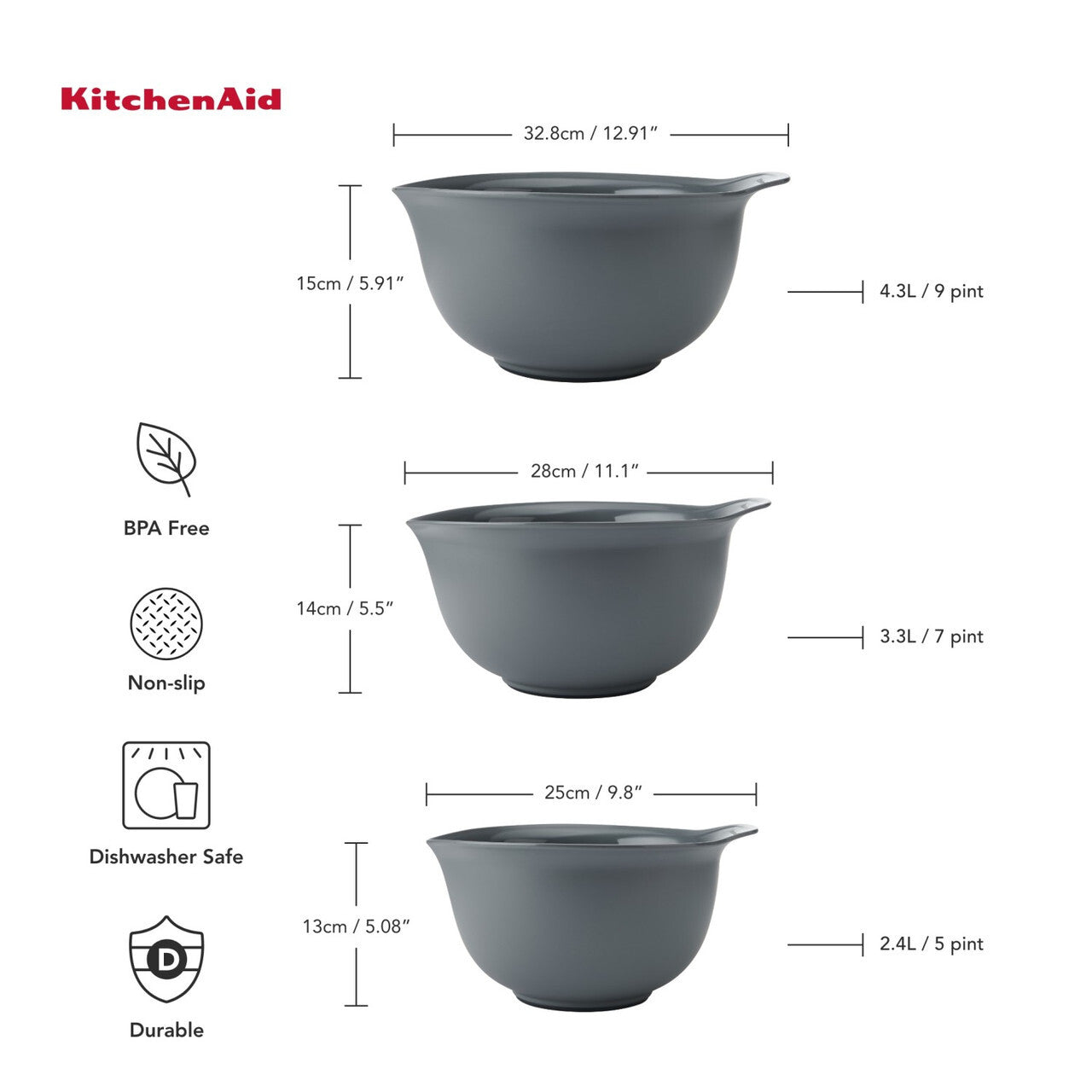 KitchenAid stackable bowl set, charcoal grey, KQG175OSCGG