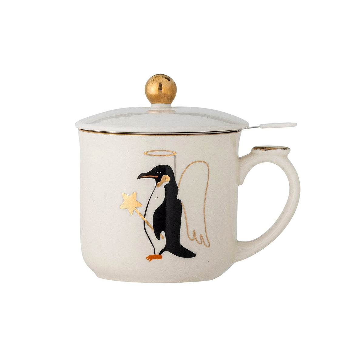 Bloomingville Valentin kameninový hrnček so sitkom a viečkom 300 ml, zlatý, 82062567