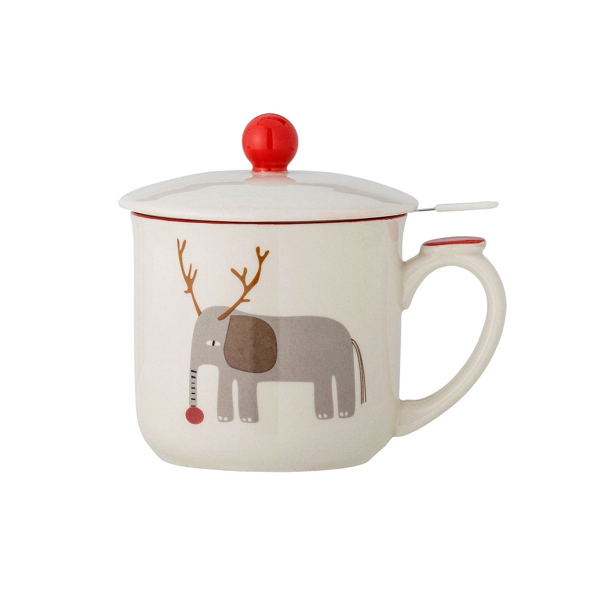 Bloomingville Valentin kameninový hrnček so sitkom a viečkom 300 ml, červený, 82062569