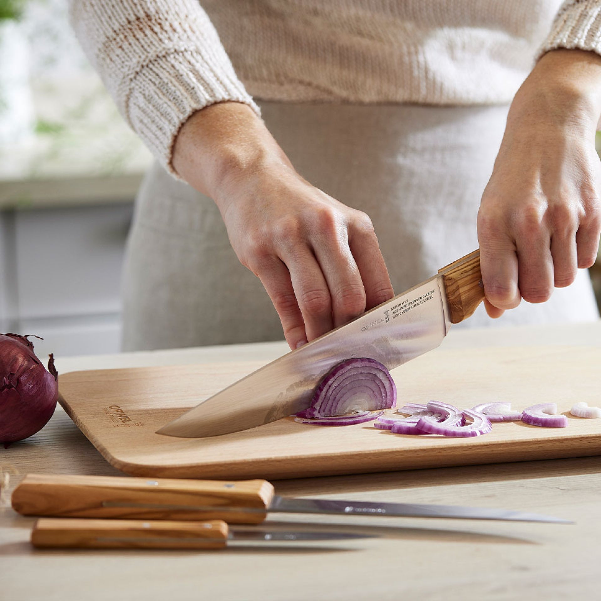 Opinel Parallele Olive Trio set of 3 knives, chef's, slicing and vegetable knife, 002494