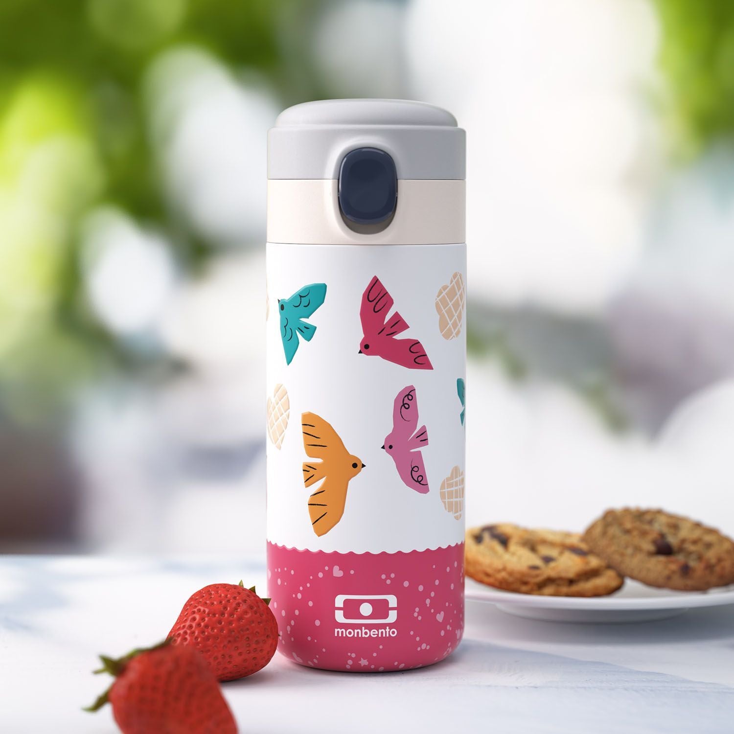 Monbento Pop dětská termoláhev na pití 360 ml, pink birds, 36334121