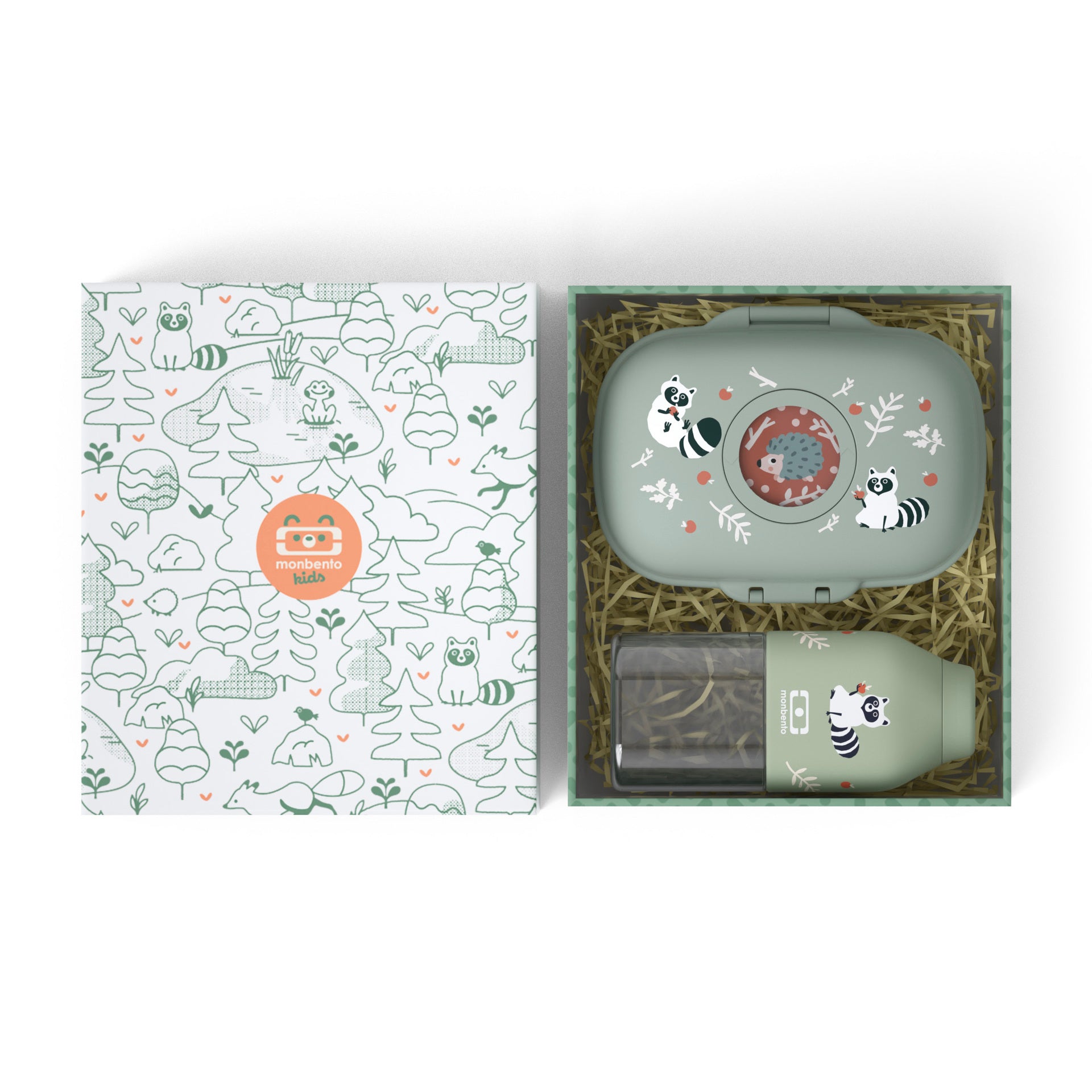 Monbento Gram dárková sada dětského svačinového boxu, green raccoon, 88017353