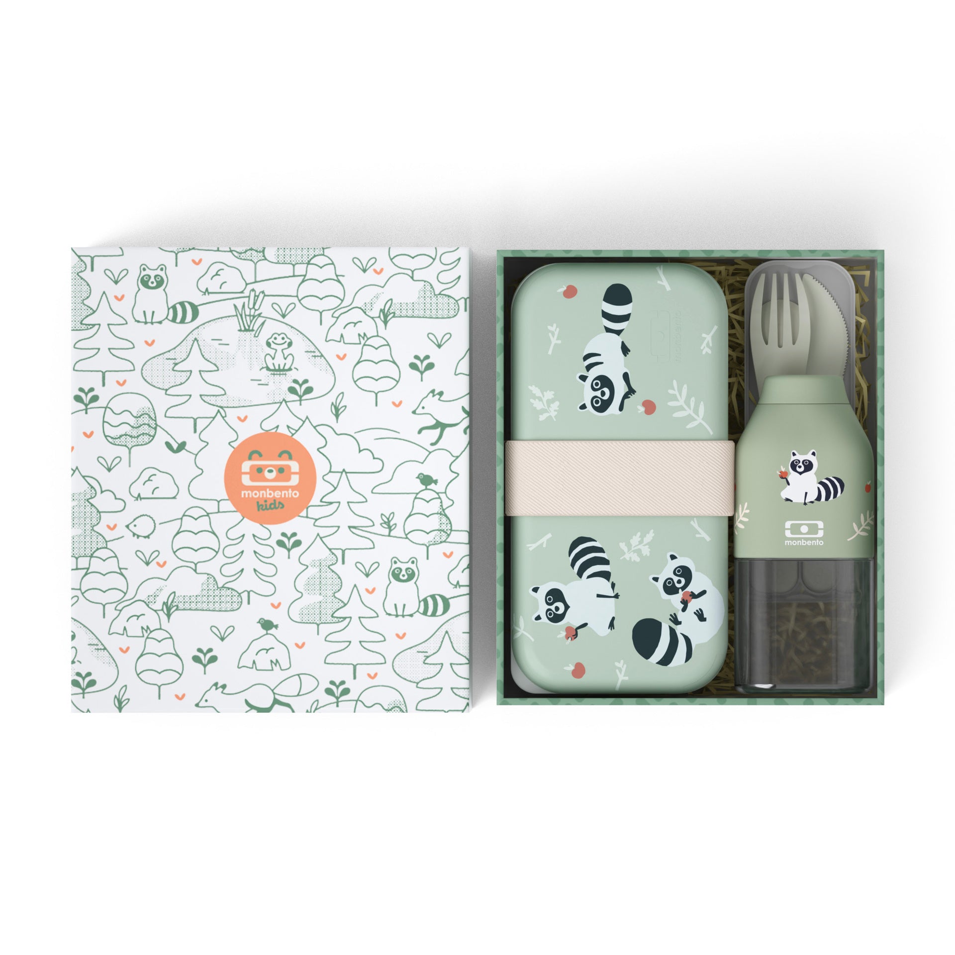 Monbento Foodie dárková sada dětského svačinového boxu, green raccoon, 88007354