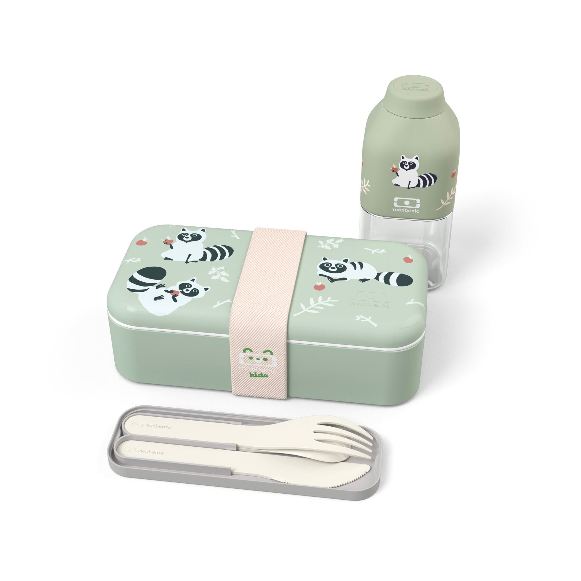Monbento Foodie kids snack box gift set, green raccoon, 88007354