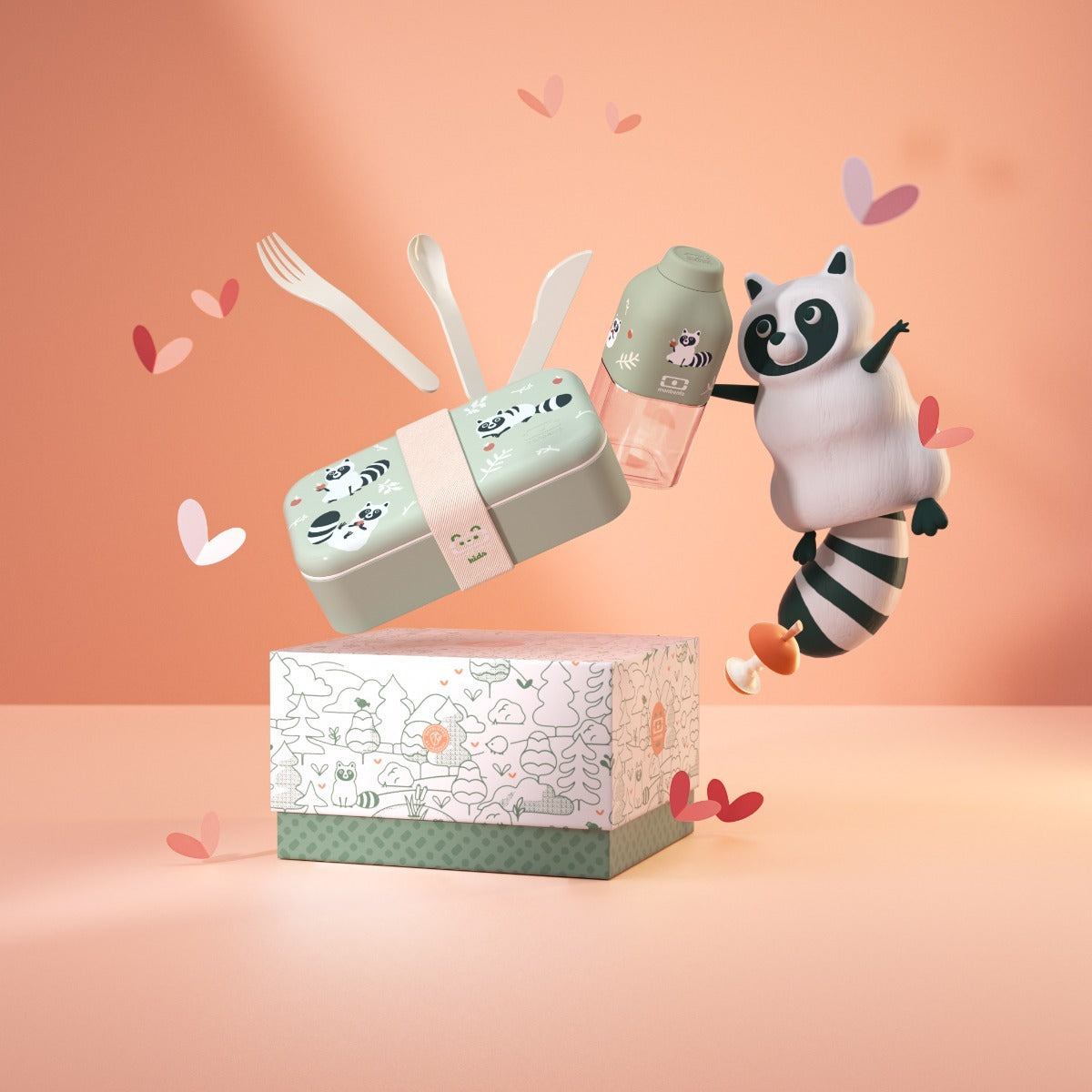 Monbento Foodie kids snack box gift set, green raccoon, 88007354