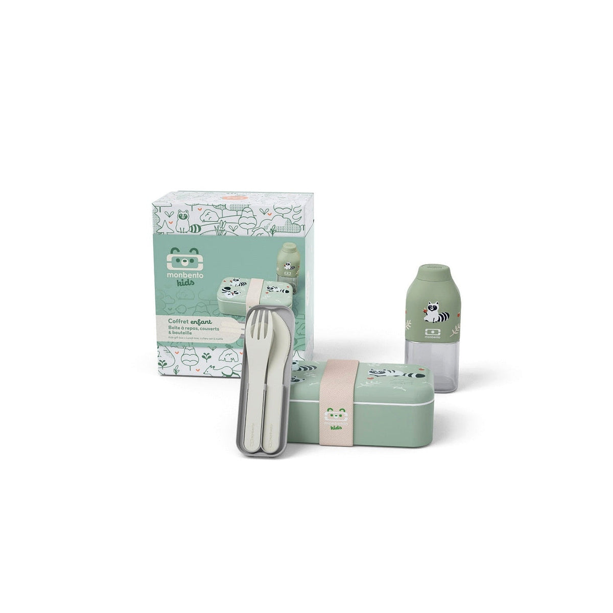 Monbento Foodie kids snack box gift set, green raccoon, 88007354