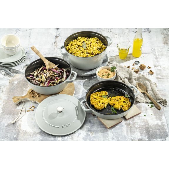 Staub Cocotte 3 dílná sada litinového hrnce, pánve a pekáče 24 cm, bílá lanýžová, 40508-388