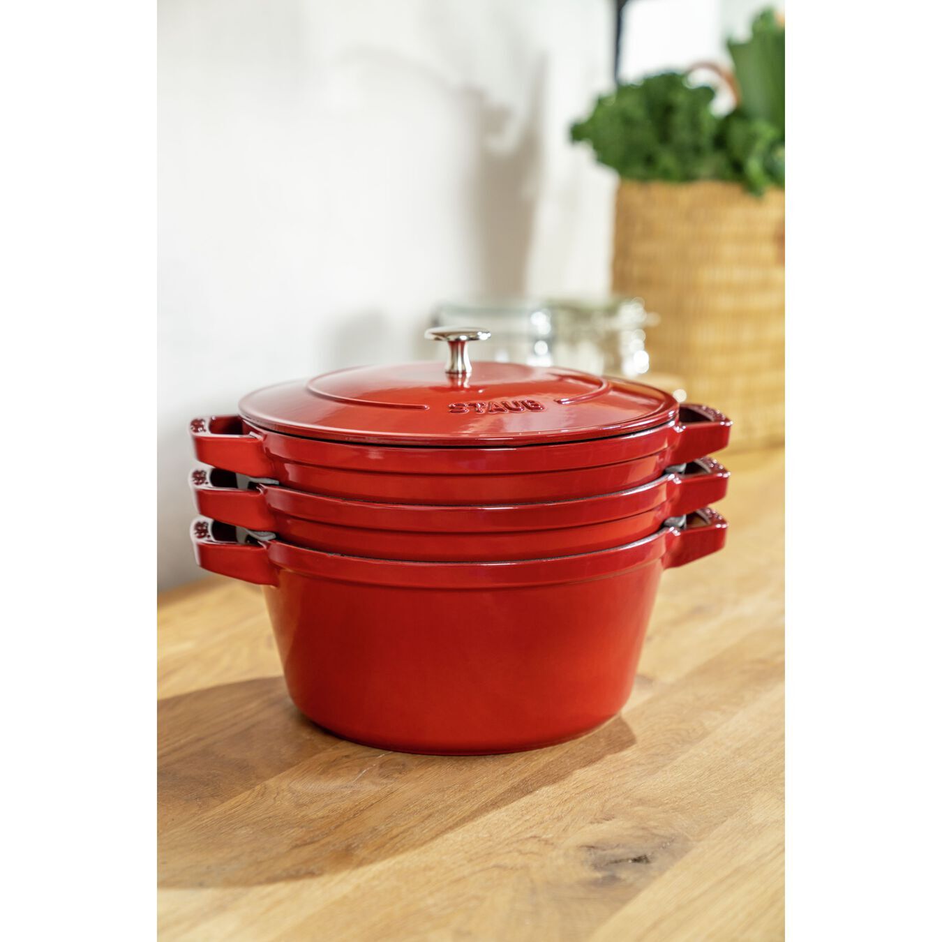 Staub Cocotte 3 dílná sada litinového hrnce, pánve a pekáče 24 cm, višňová, 40508-387